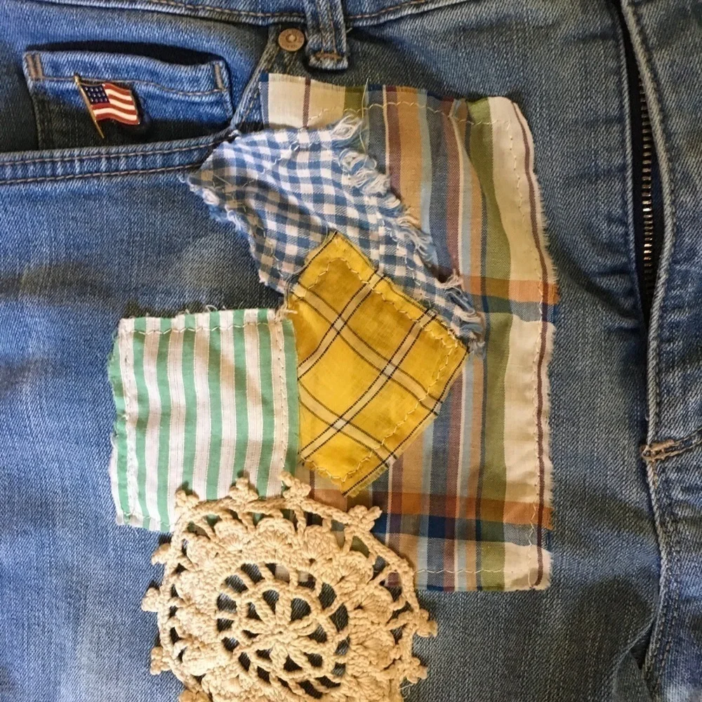 Upcycled Reworked Patchwork Denim Shorts Size 12 - Picture 3 of 14